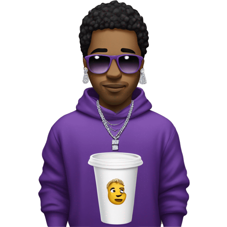 rapper with diamond chain, monogram sweater, white stirofoam cup with purple liquid emoji