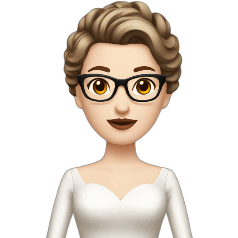 Pale skin bride head with short brown pompadour hair and dark brown eyes and glasses emoji