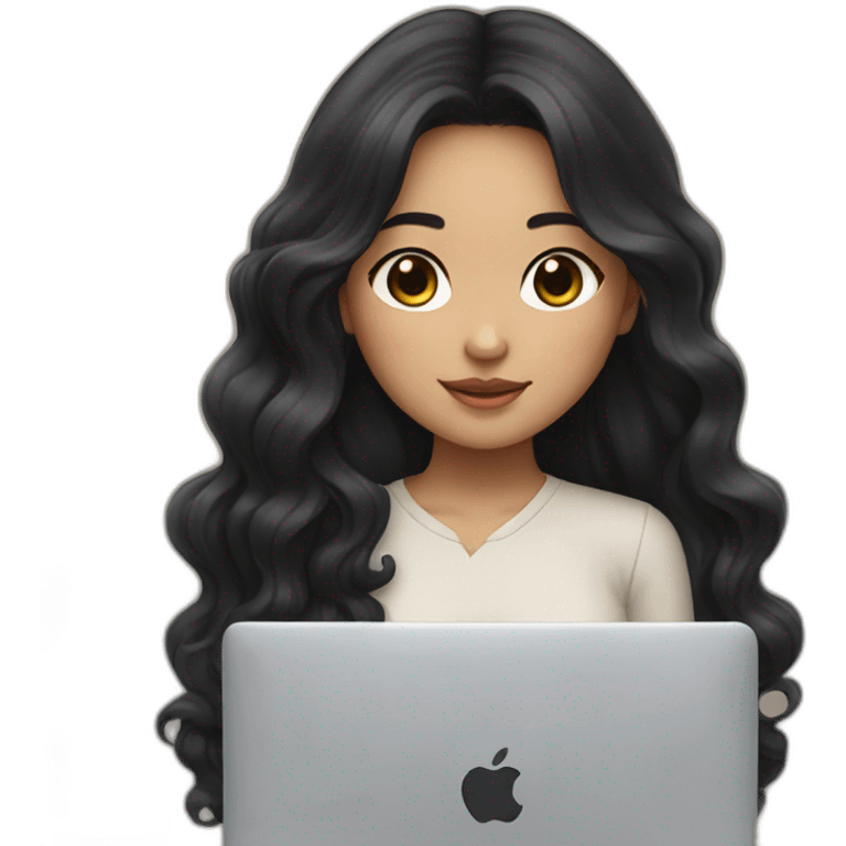 Korean girl with long and wavy black hair in front of her macbook emoji