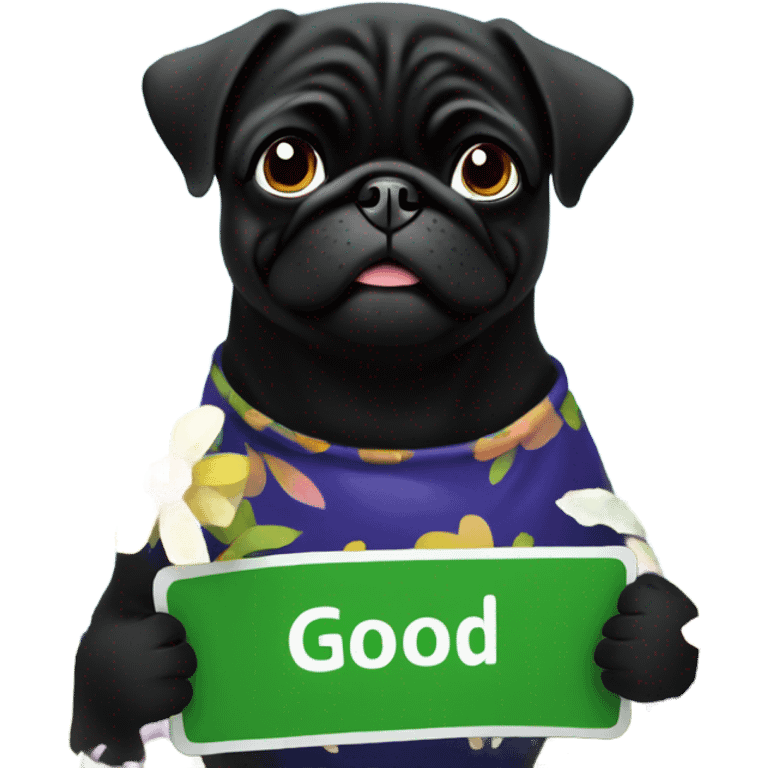 Black pug , surrounded by flowers, holding a green sign that says “good luck”  emoji