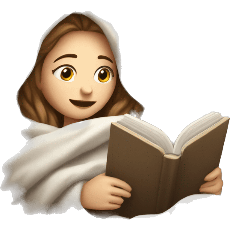 White Girl relaxed reading a book under a blanket with coffee in her hands emoji