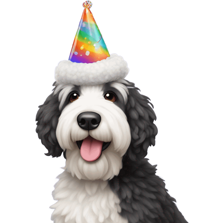 Sheepadoodle wearing a birthday hat emoji