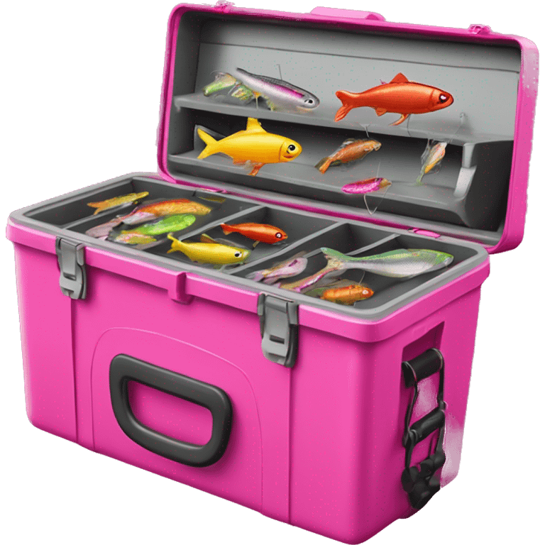 Realistic hot pink Fishing tackle box open with  fish bait and hooks inside of it emoji