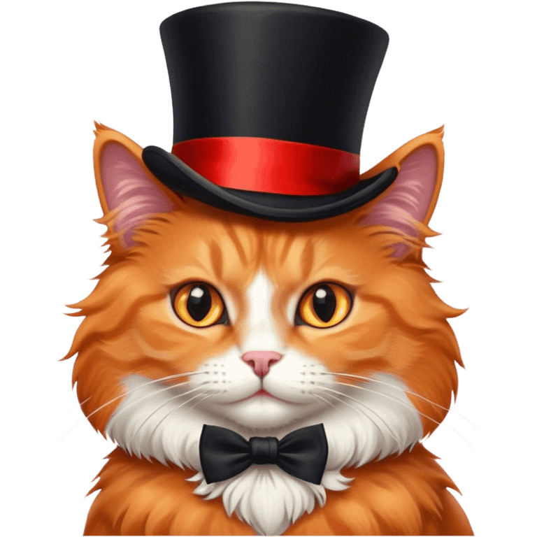 fluffy elegant orange cat with top hat black with red ribbon  emoji