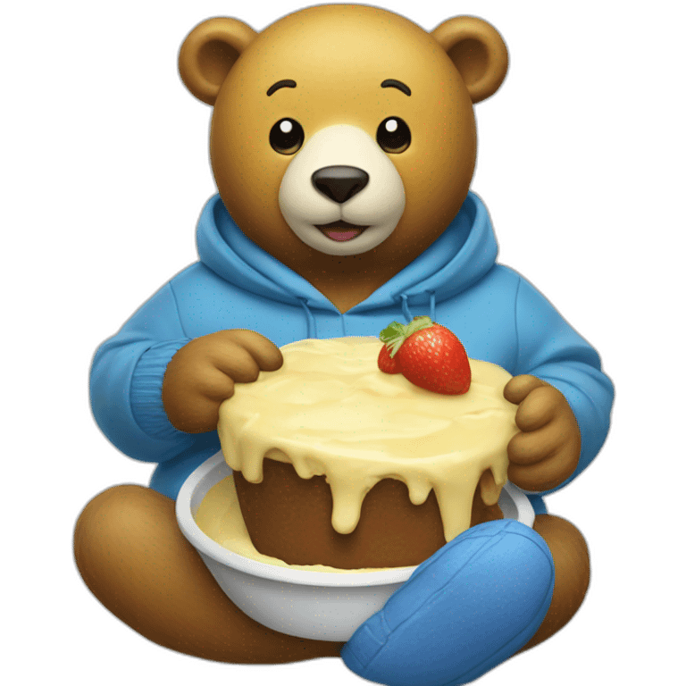 f Yellow bear with White nose and a blue pullover eating Pudding emoji