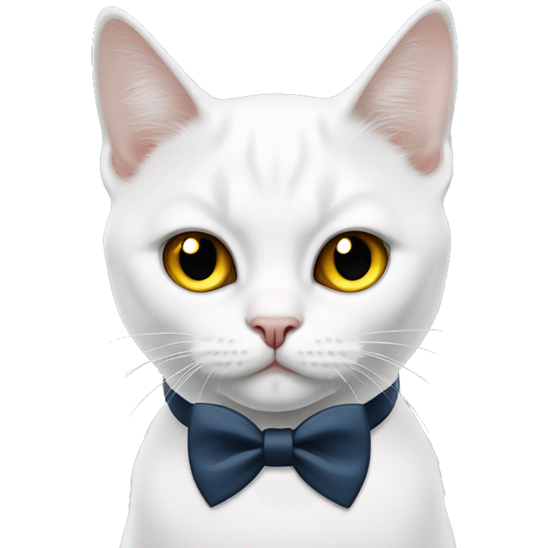 cute white british cat with one yellow eye and one blue eye with a black bow tie on his neck emoji