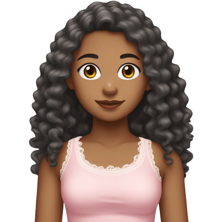 make a teenage girl emoji, mixed race, tan girl, dark grey almost black eye colour, long hair dark brown curls. Wearing a lace trim baby pink tank top with a small bow on shirt. One girl emoji