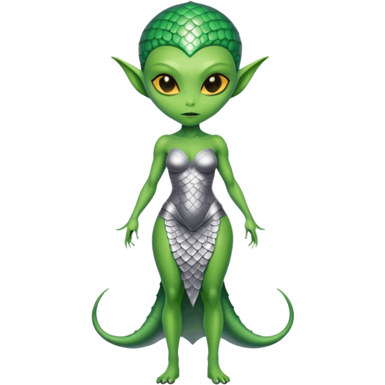 Green Alien woman with scales skin in silver dress, full figure, yellow eyes emoji