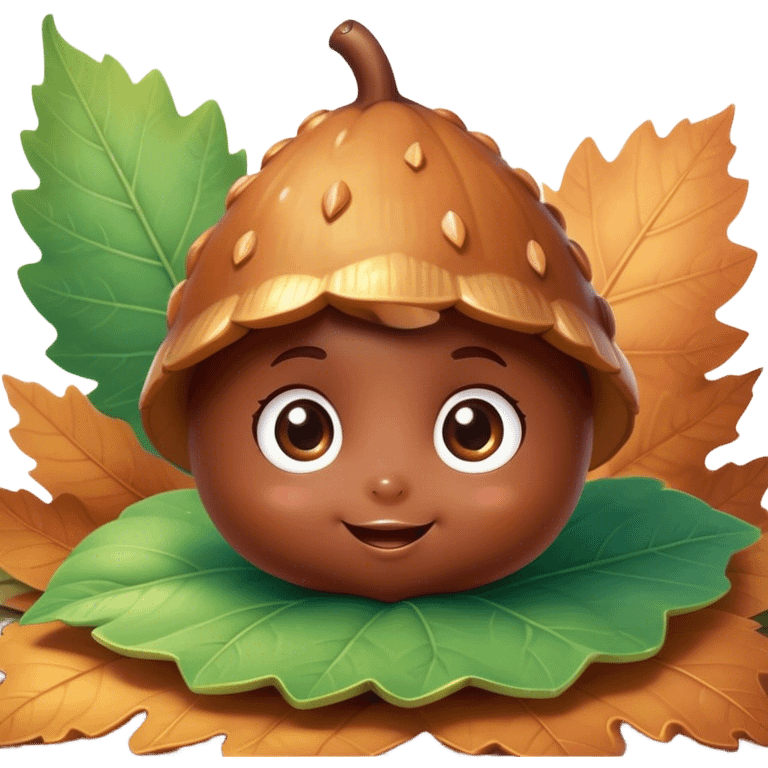 Cinematic tiny happy acorn, glossy brown, soft glowing highlights, tiny adorable face with big sparkly eyes, sitting on a pastel leaf, warm and cheerful. emoji