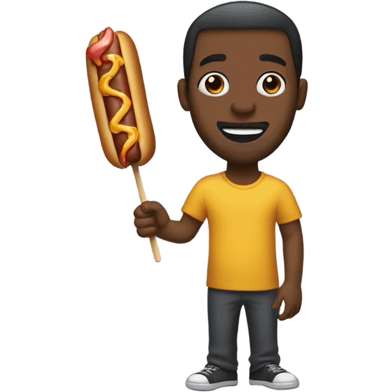 Black man eating a burnt hot dog on a stick emoji