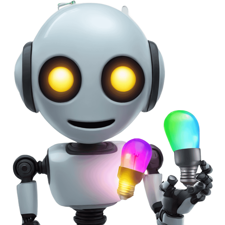 cute robot holds colorful light bulbs emoji