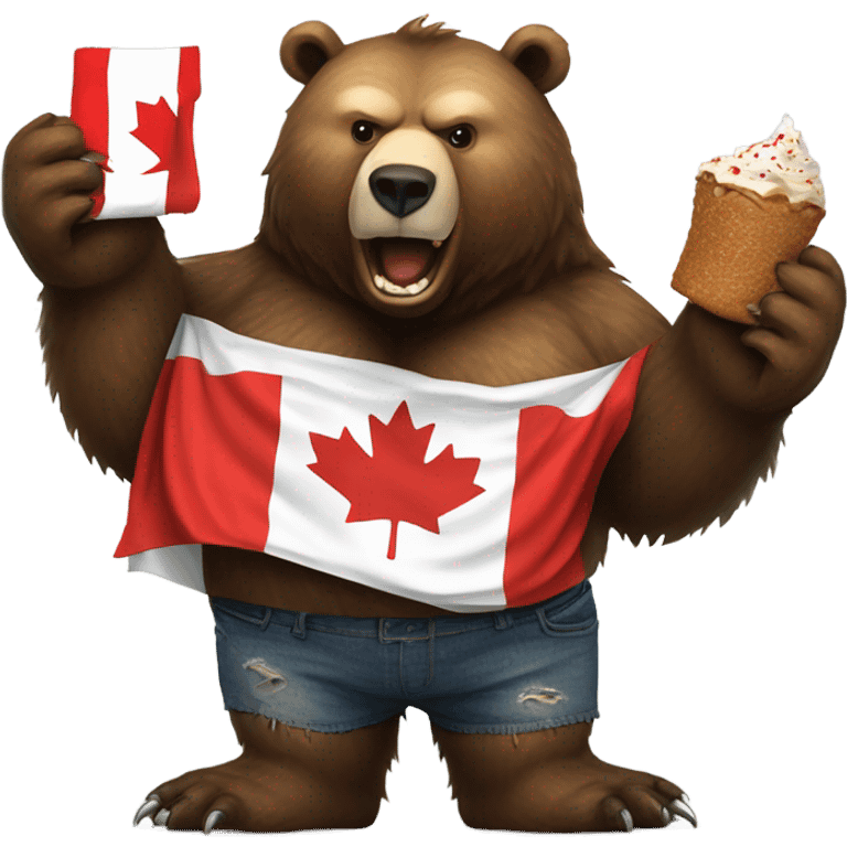 Massive fierce grizzly bear with Canada flag shirt eating eagle emoji