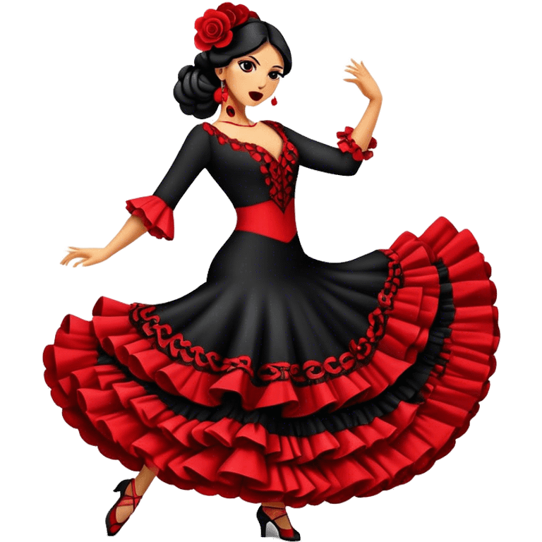 Cinematic Realistic Flamenco Dance Emoji, depicted as a passionate expressive flamenco performance with dramatic costumes and dynamic fiery movements, rendered with vibrant textures and bold energetic lighting that captures its intense rhythm. emoji