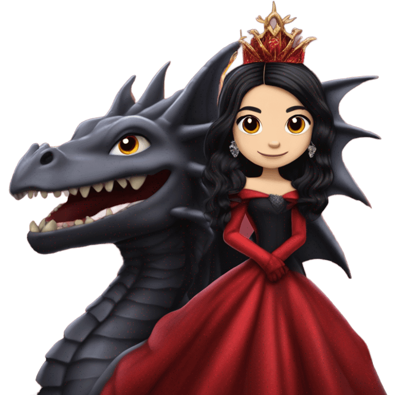 Lavish Victorian evening gown with gloves, Jenna Ortega as Morticia Addams Jedi wearing a mini tiara, riding on the back of a very large blood red evil-looking horned firedragon emoji