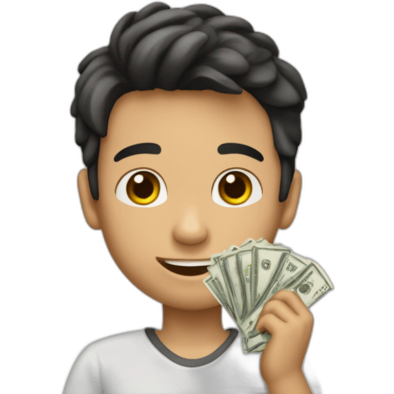 niño joven guapo con mucho dinero en las manos emoji