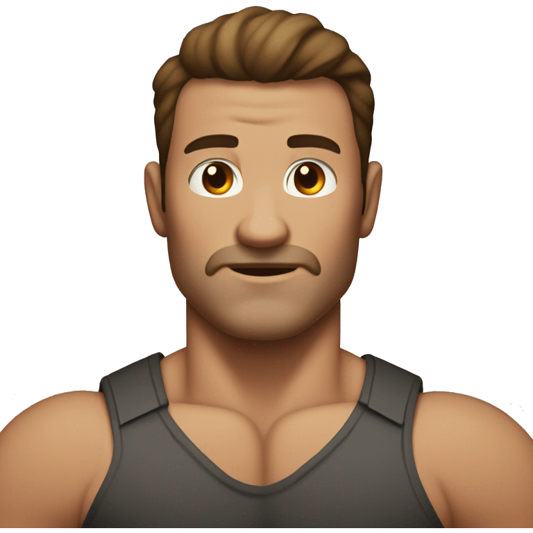 muscular man with no facial hair, large arms, brown hair which is long in the front and parted in the middle emoji