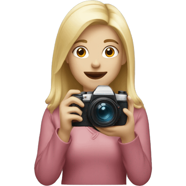 A blonde girl with a camera taking a photo emoji