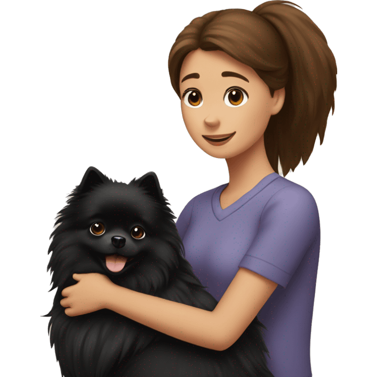 Brown -haired girl hugs a black pomeranian dog emoji