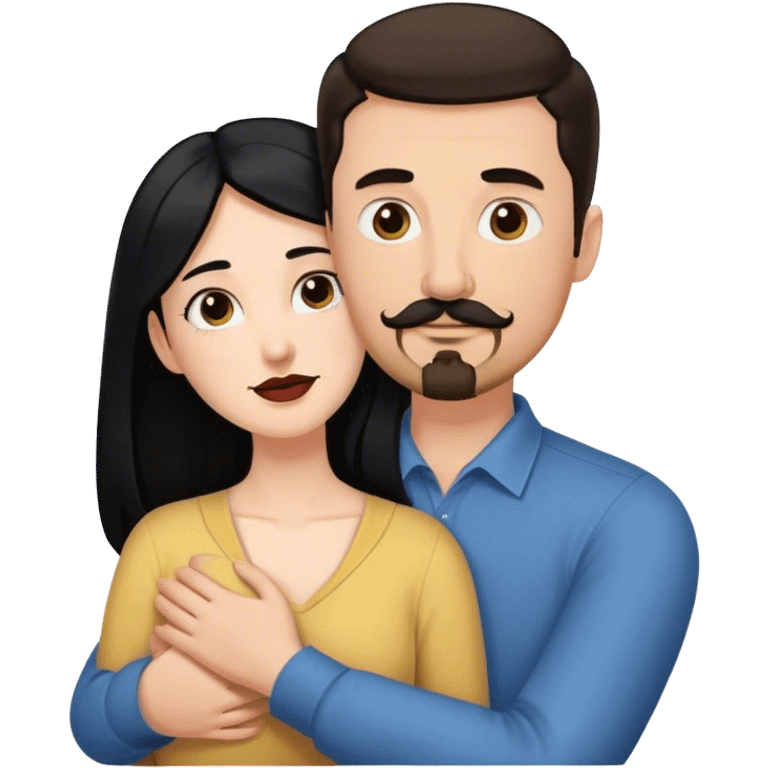 Tall white man with brown mustache and goatee hugging a short pale woman with long black hair emoji