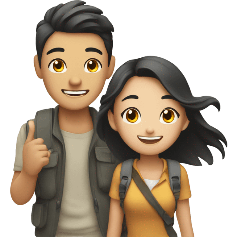 Cute young  Asian couple excitedly traveling  emoji