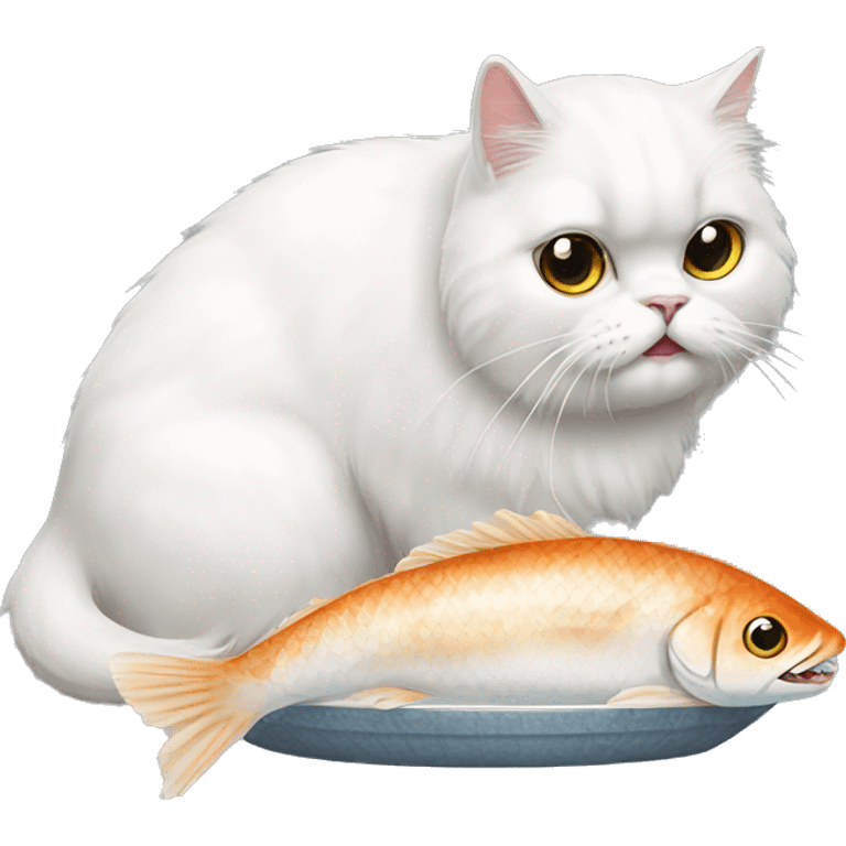 White persian cat eating fish emoji