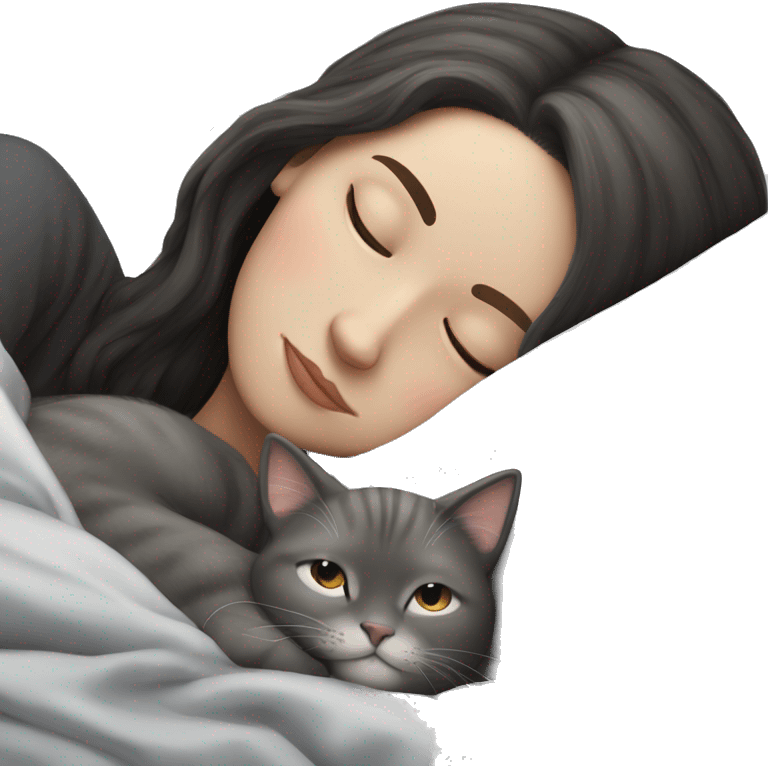 White Girl dark hair sleeping with grey cat emoji