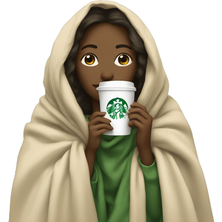 girl inside a blanket beige sipping coffee Starbucks ,eyes colore green  emoji