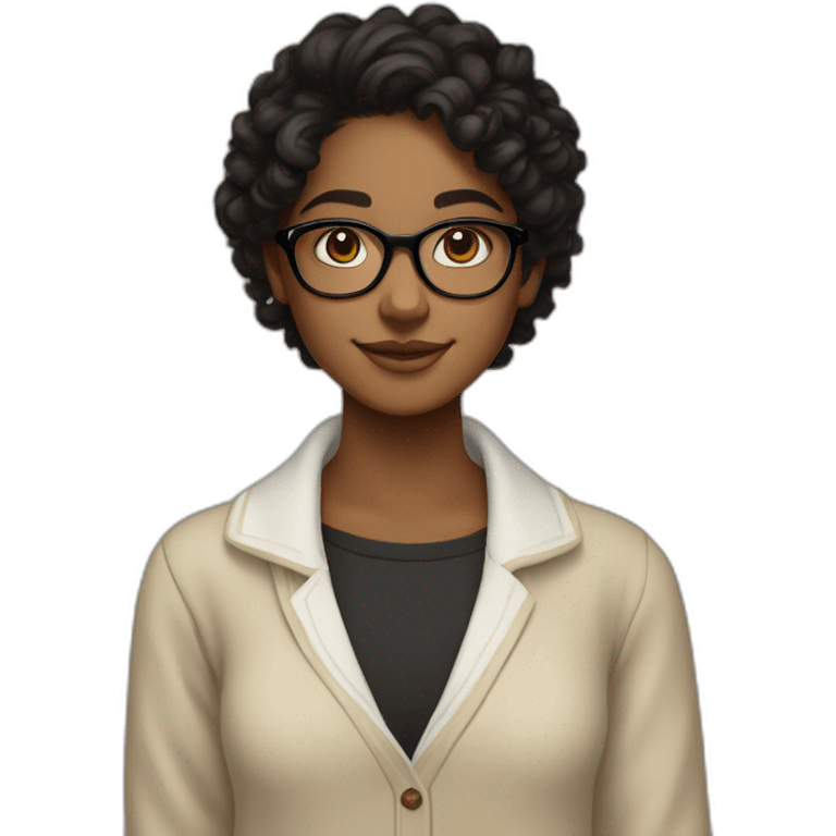 smiling dark skin indian teenage girl with black curly hair and glasses wearing a collared long sleeve white shirt under a beige v shaped collar sweatervest with no buttons emoji