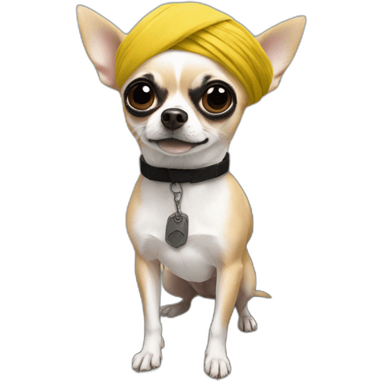 chihuahua on a military tank with a white turban, a black flag on his arm, emoji