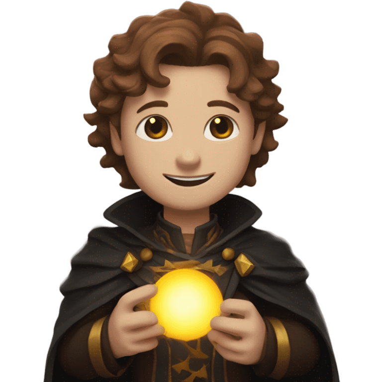 A sun warlock who is pale with brown hair and is holding a black kitten emoji