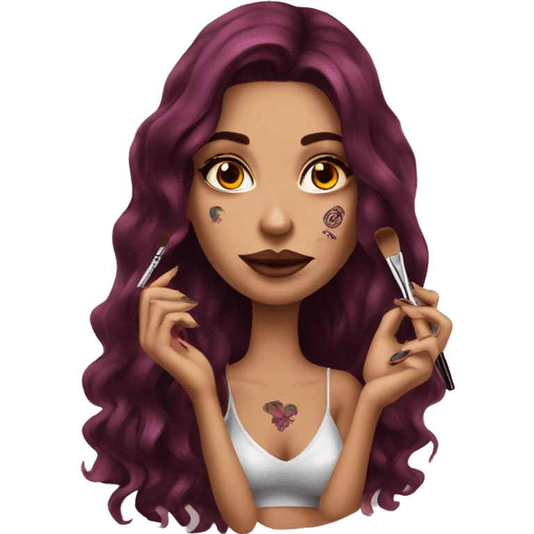 Beautiful tattooed burgundy long haired woman doing her makeup emoji