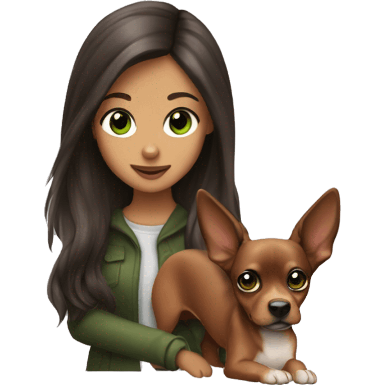 Mini pincher with brune girl , long hair and green eyes  emoji