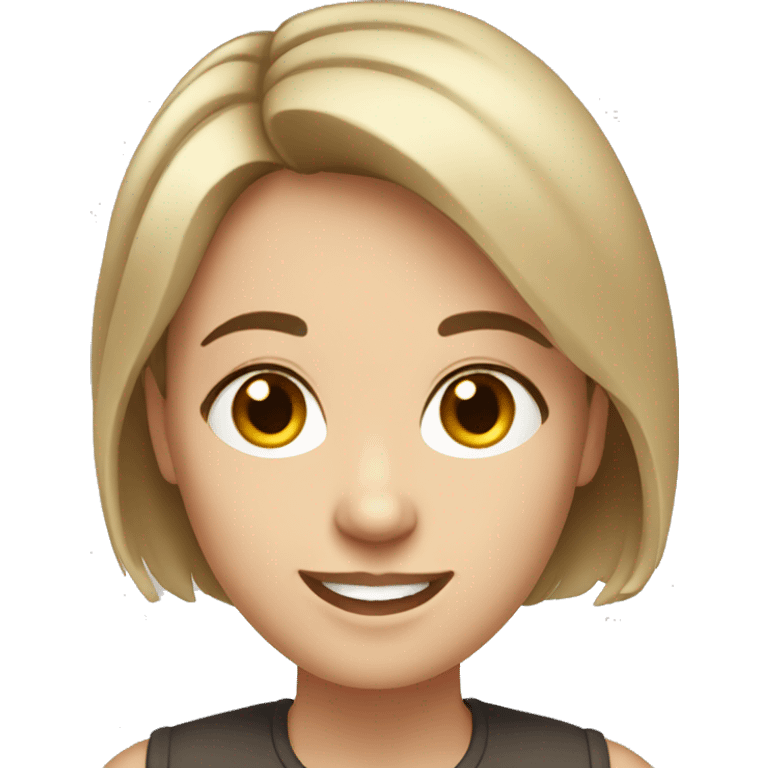 White woman with short brown hair and dark eyes. She's smiling and has a round face emoji