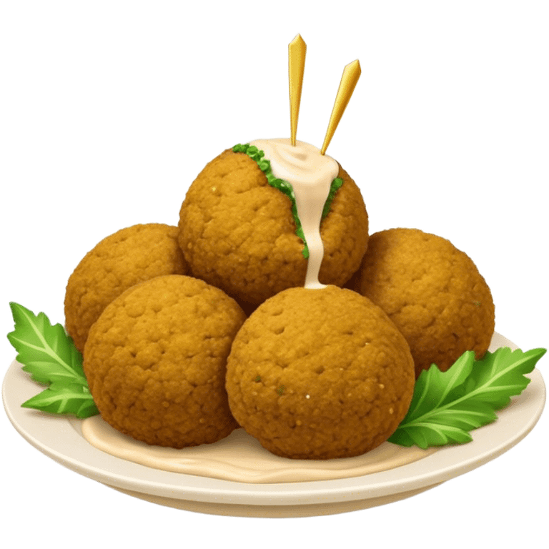 Cinematic Realistic Falafel Dish Emoji, depicted as crispy, golden falafel balls served with tahini sauce rendered with lifelike textures and vibrant, appetizing lighting. emoji