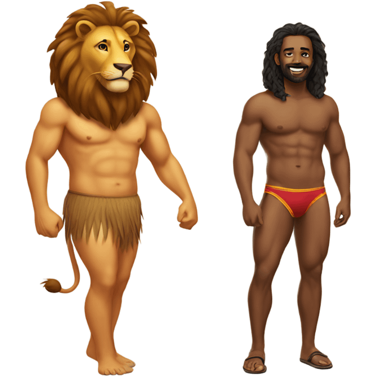 man in a bikini and a lion emoji