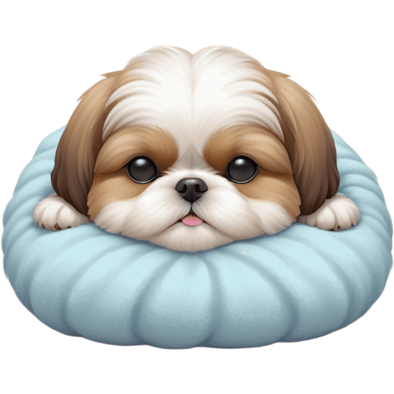 Meme-Worthy Cute Sleeping Shih Tzu Portrait Emoji, Head resting peacefully with a tender, contented smile and eyes delicately closed in serene slumber, showcasing a luxuriously fluffy fur in soft pastel tones, simplified yet irresistibly adorable, highly detailed, glowing with a warm, drowsy radiance, high shine, exuding calm, cozy charm, styled with a gentle, soft glowing outline, capturing the essence of a sleeping Shih Tzu that radiates utterly adorable, sleepy bliss! emoji