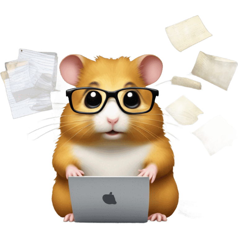 Hamster with glasses typing on laptop around files emoji