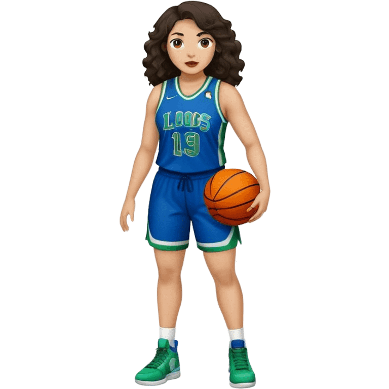 full body plus size light skin latino women basketball player with wavy dark hair large widenose wearing blue and green uniform emoji