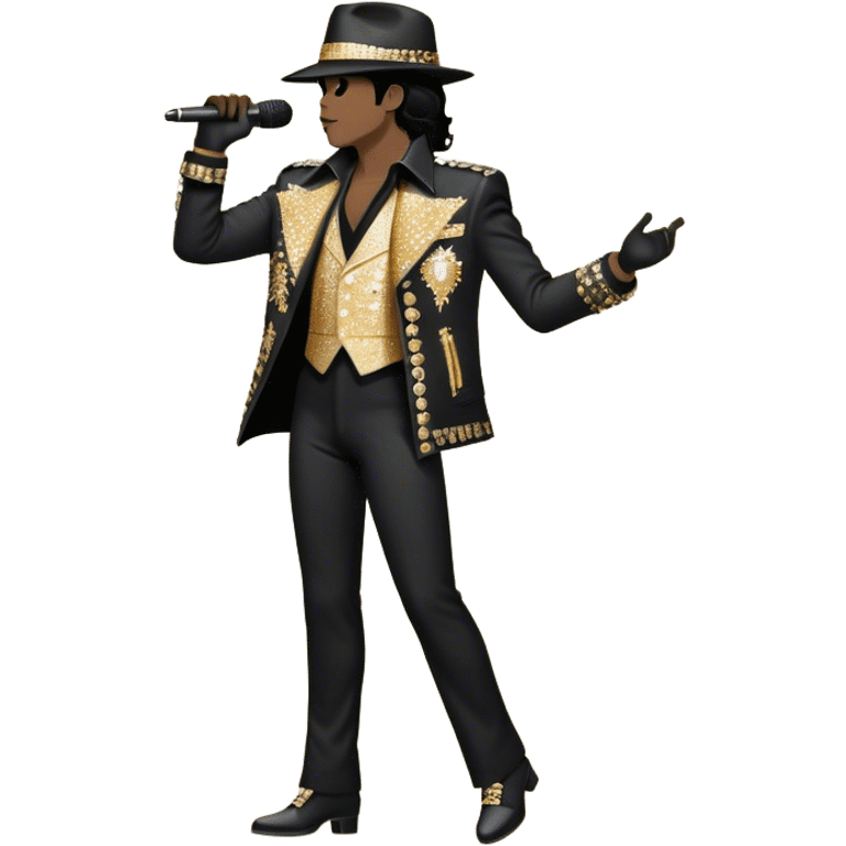 Create a dynamic and stylish emoji representing pop vocal performance with a vintage stage microphone as the central element, surrounded by iconic elements of Michael Jackson’s stage presence. Include a silhouette of his famous glittering jacket or sequined gloves, paired with the microphone to evoke his unique style. Add dramatic musical notes swirling around the microphone and jacket to symbolize the energy and showmanship of pop vocals. Use bold colors like gold, black, silver, and white to reflect the glamour and electrifying performance of a pop legend. The background should be transparent. emoji