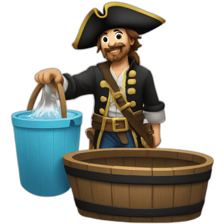 A pirate with an old wooden seal in his hands. He is sending the water that is in the bucket away. emoji