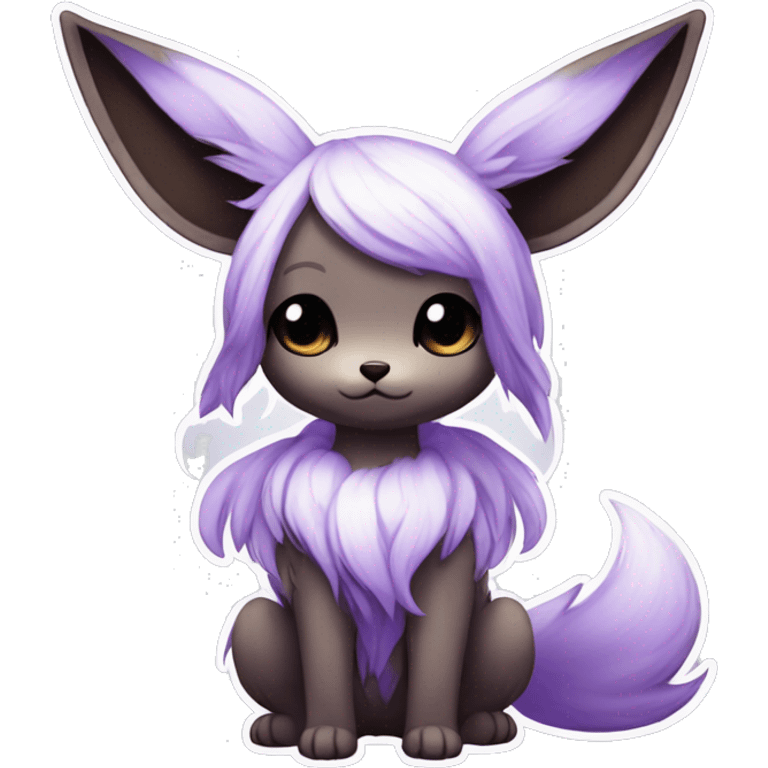 Kawaii Pale Eevee with dark brown long emo hair covering her eyes, violet iris, Full Body emoji