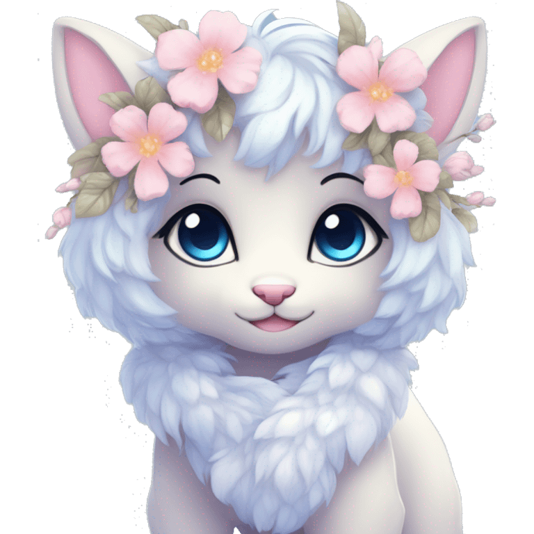 Anthro Cute Cool Pastel Innocent Shy Kawaii gorgeous sparkly ethereal fantasy animal creature with blue eyes furry sona with flowers and ribbons beautiful aesthetic emoji