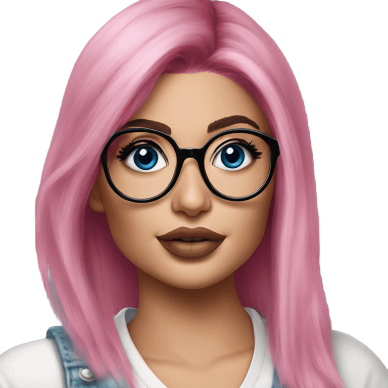 Photo Realistic kylie jenner stylish pink hair BLUE eyes and glasses posing  emoji