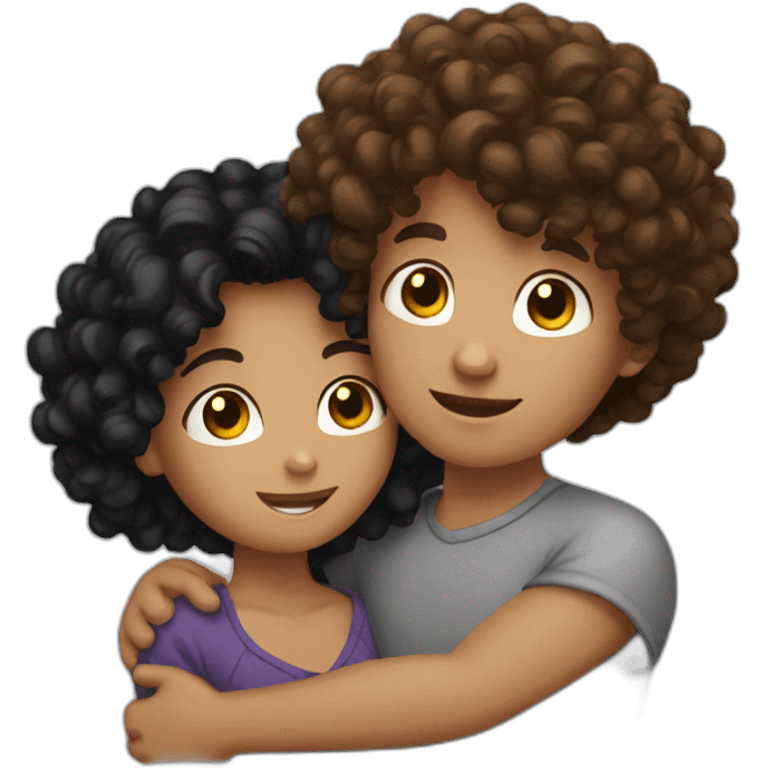 Brown curly hair girl and black hair boy hug emoji