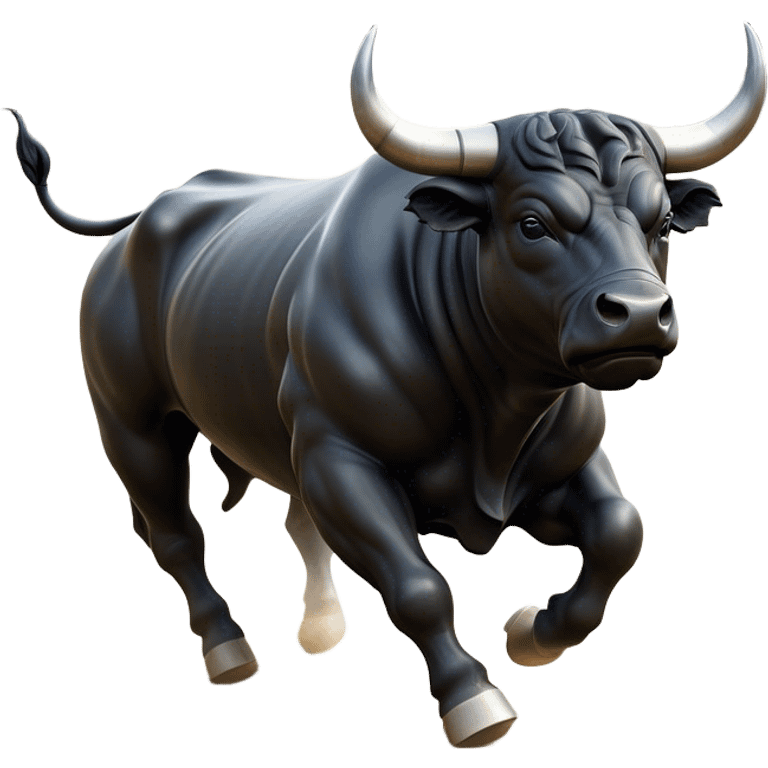 ​Cinematic Realistic Black Charging Bull, depicted in mid-charge with a powerful, muscular form and glossy black hide glistening under dynamic dramatic lighting, dust and motion captured mid-air to exude raw strength and unbridled energy on an expansive arena, emoji