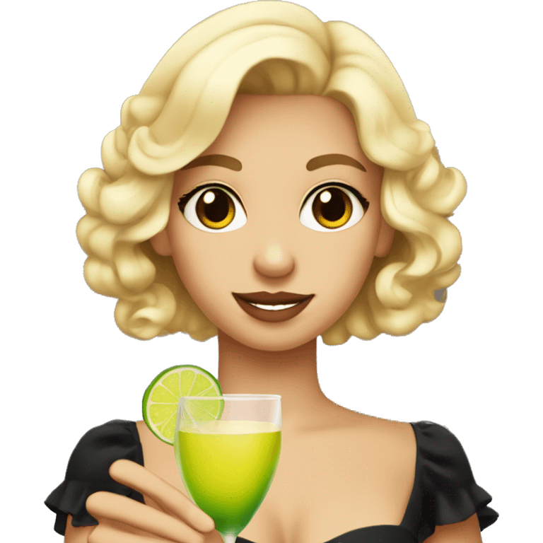 Blonde girl bright brown eyes holding a margarita in short black dress emoji