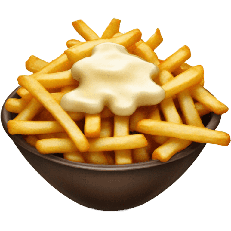 A bowl of fries with cheese curds covered in gravy emoji