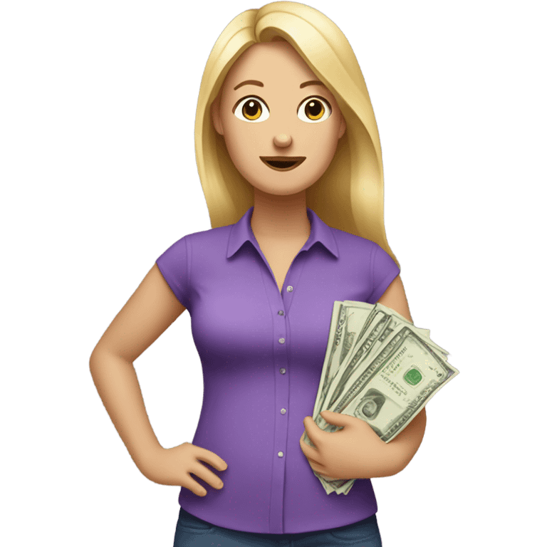 White Women in purple shirt rocking baby, but money instead of baby emoji