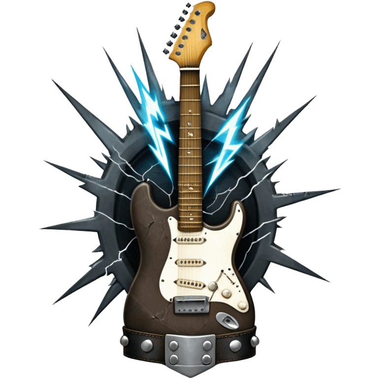 Create a powerful and dynamic humanless emoji representing rock vocals. The design should feature a classic vintage microphone with a rugged, distressed look, surrounded by elements like a guitar pick, electric guitar neck, and sound waves to reflect the raw energy of rock music. Add subtle details such as a spiked bracelet, leather textures, or bold lightning bolts to evoke the rebellious and intense spirit of rock. Use dark, edgy colors like black, red, silver, and metallic accents to emphasize the fierce, loud, and passionate nature of rock vocals. The background should be transparent. emoji