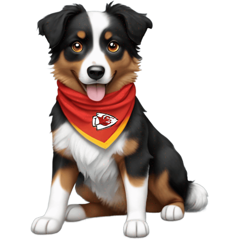 Dog (mini Australian shepherd, tri colored with lots of black) with Chiefs bandana emoji